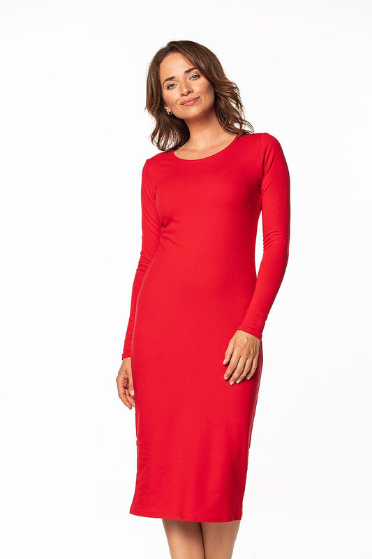 Luxury long sleeve red cotton knit dress with boat neckline by Tessita, perfect for elegant occasions.