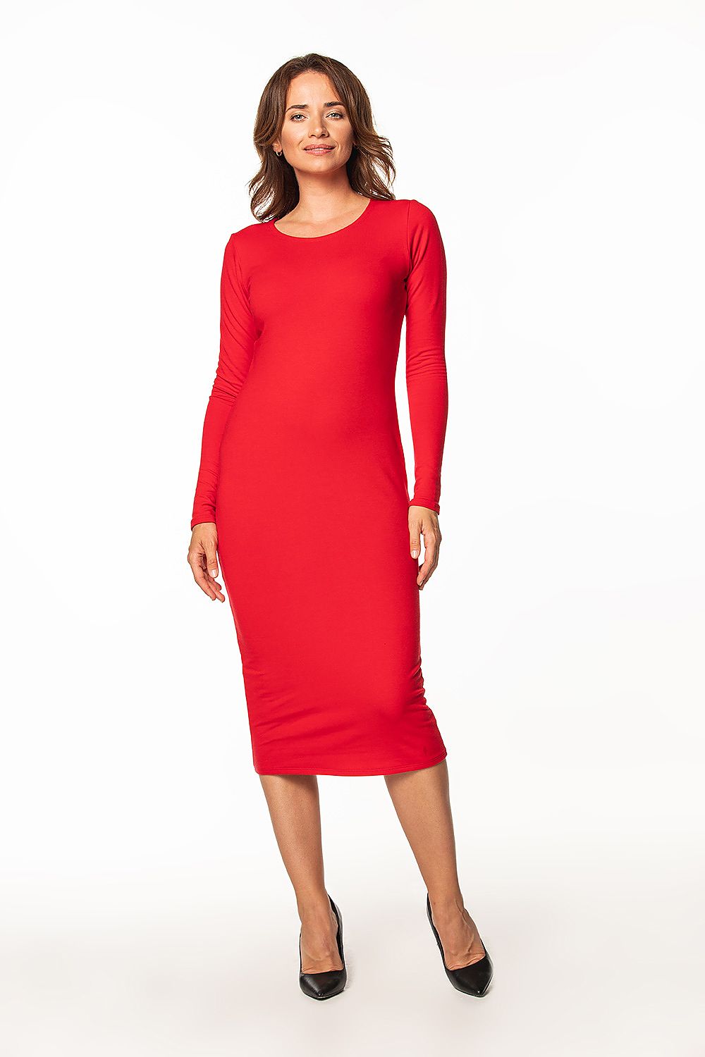 Chic red fitted cotton knit dress with long sleeves and boat neckline by Tessita, ideal for sophisticated styling.