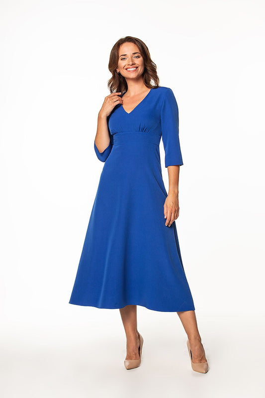 Beautifully tailored Tessita blue maxi dress, showcasing a stylish V-neck and 3/4 sleeves, ideal for enhancing your luxury wardrobe.