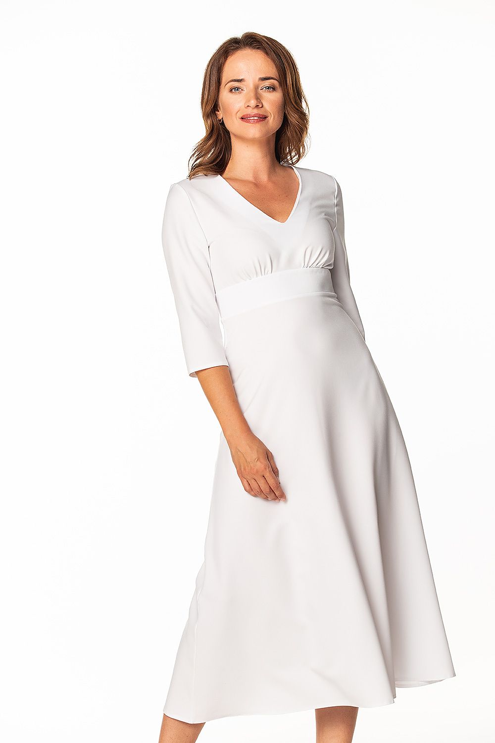 Elegant Maxi Dress by Tessita featuring 3/4 sleeves and a covered zipper, showcasing the luxurious and flattering design ideal for special occasions.