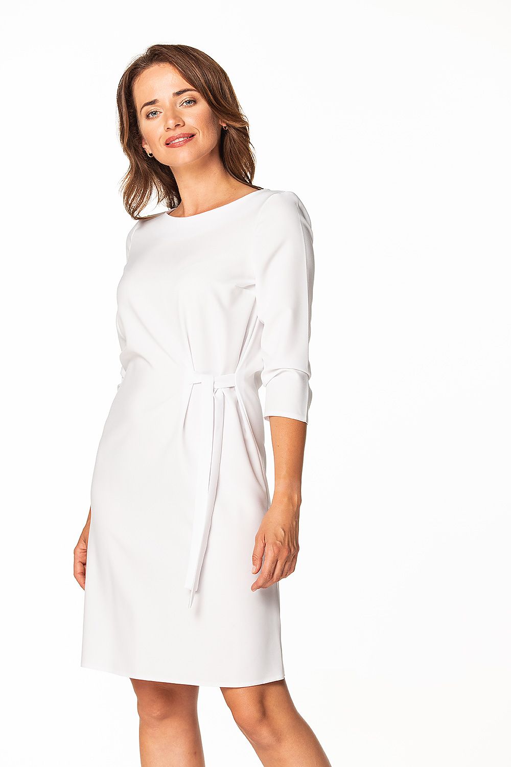 Elegant midi dress by Tessita featuring a waist tie and 3/4 sleeves, perfect for sophisticated occasions.