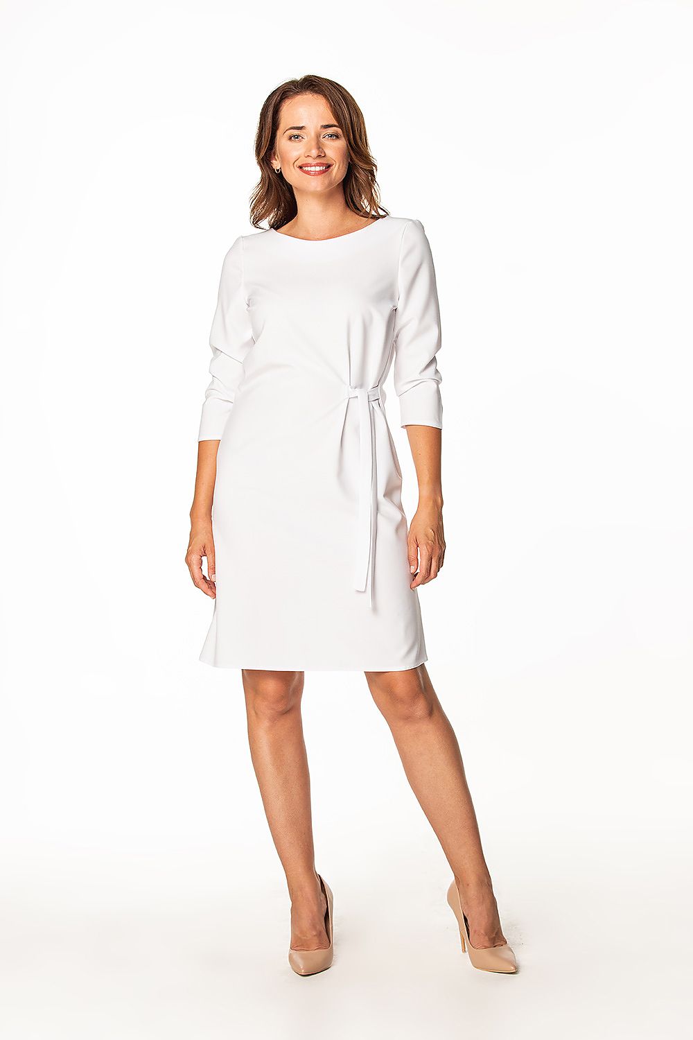 Chic and stylish midi dress by Tessita, designed with a flattering waist tie and luxurious 3/4 sleeves.