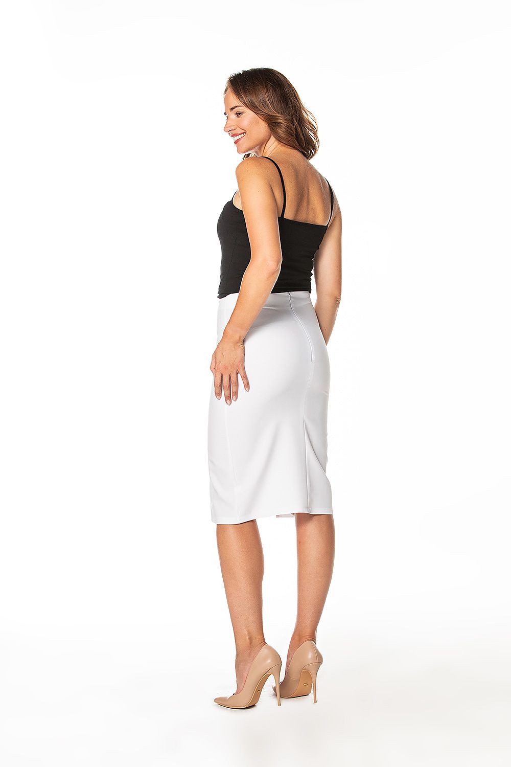 Elegant pencil midi skirt by Tessita featuring a stylish side slit and concealed zipper, a perfect addition to any luxury wardrobe for sophisticated occasions.