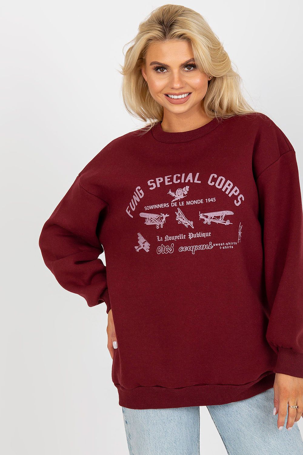 Luxurious women's long sleeve sweatshirt in rich burgundy, featuring a unique front print, styled for elegance and comfort, perfect for casual outings.