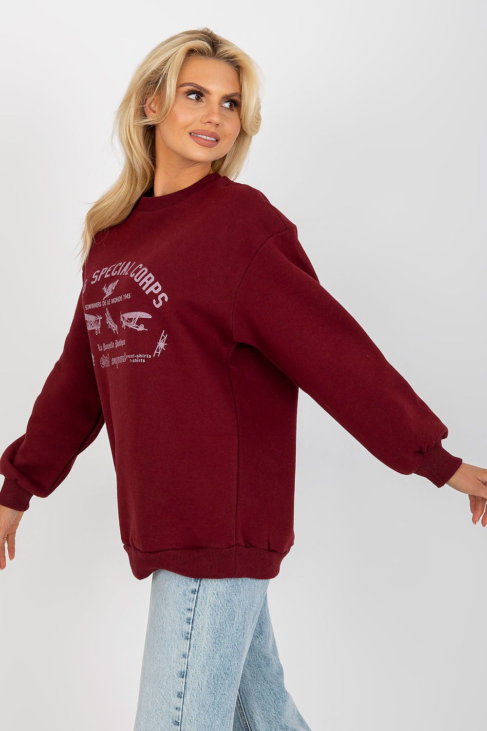 Luxurious long sleeve women's cotton blend sweatshirt in burgundy featuring a unique printed design, elegantly styled for casual chic occasions.