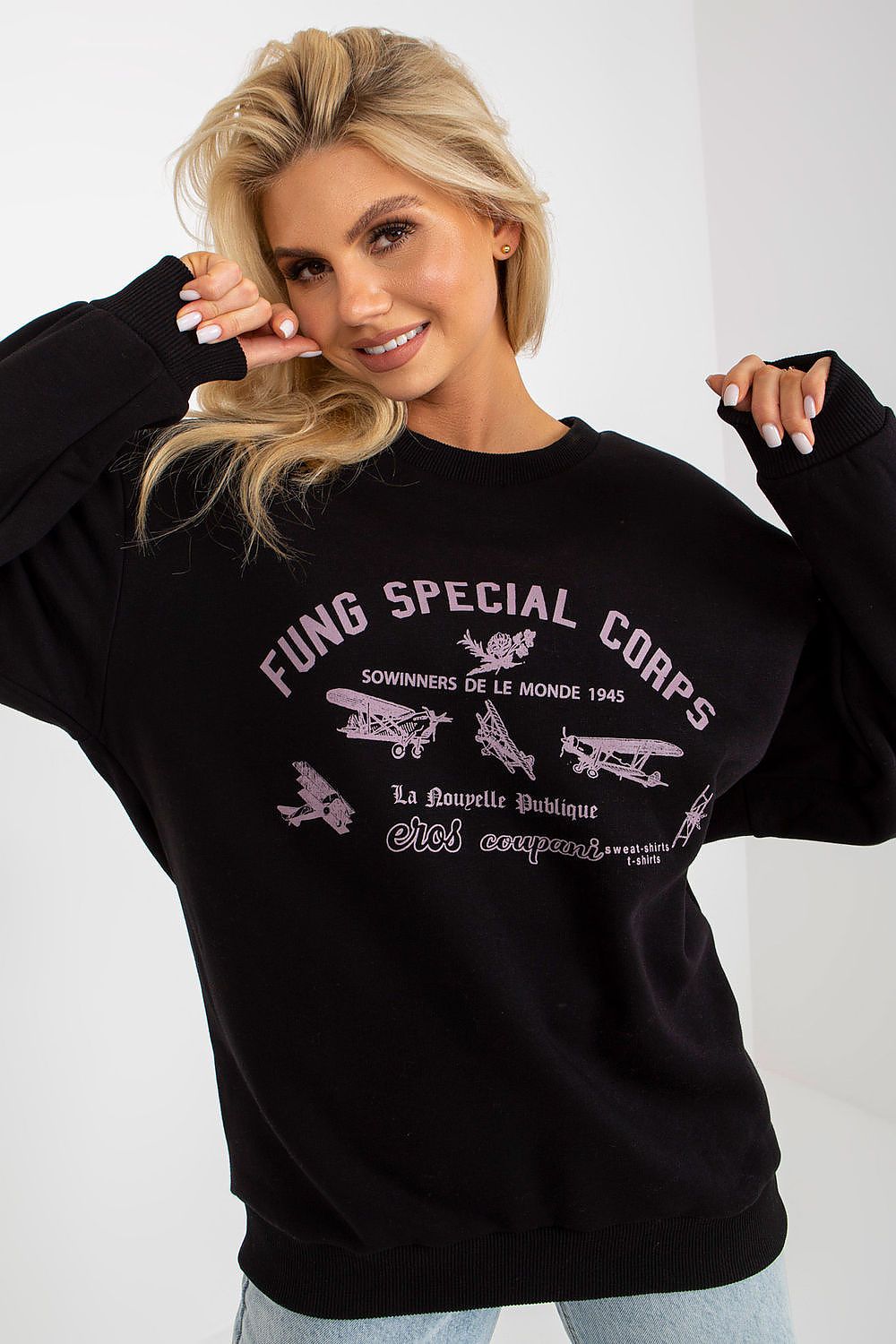 Sophisticated long sleeve women's black cotton blend sweatshirt with a striking vintage print, designed for a timeless and stylish look.