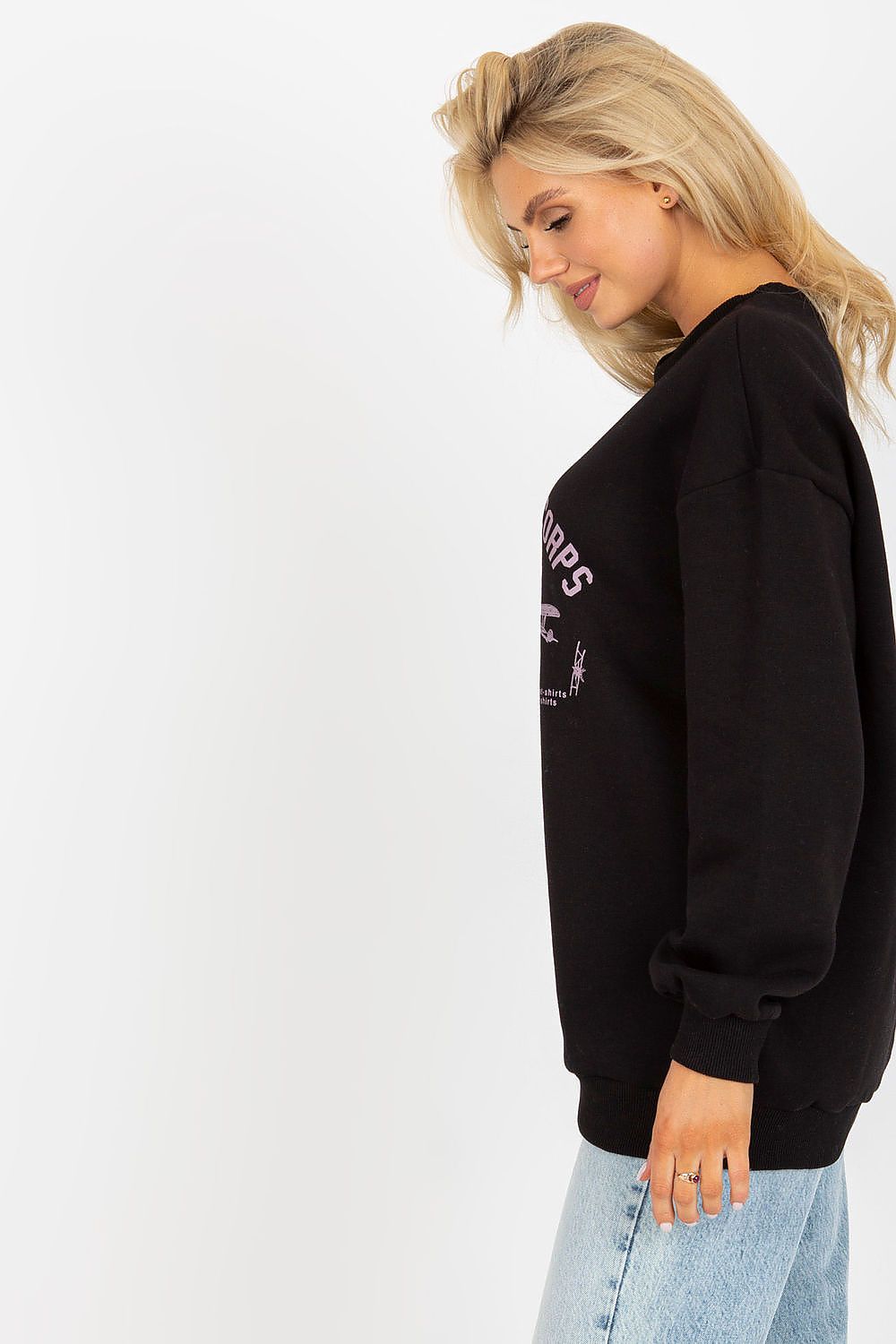 Elegant profile view of a women’s black cotton blend sweatshirt showcasing a classy print, perfect for versatile and fashionable outfits.