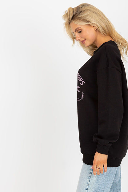 Elegant profile view of a women’s black cotton blend sweatshirt showcasing a classy print, perfect for versatile and fashionable outfits.