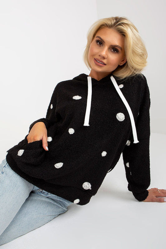 Luxurious women's long-sleeved cotton-spandex sweatshirt in elegant black, featuring playful white polka dots, a stylish hood, and convenient slip pockets, perfect for casual sophistication.