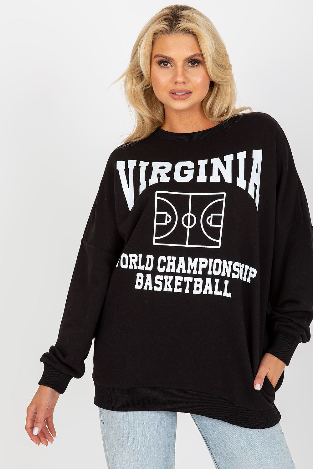 Luxury women's long-sleeved black cotton sweatshirt featuring decorative Virginia basketball print, styled with relaxed fit and side pockets, perfect for casual elegance.