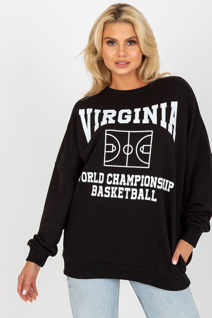 Luxury women's long-sleeved black cotton sweatshirt featuring decorative Virginia basketball print, styled with relaxed fit and side pockets, perfect for casual elegance.