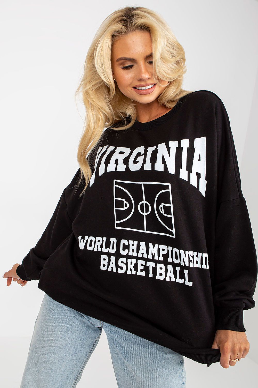 Chic women's black cotton sweatshirt with Virginia basketball decorative print, showcased in long sleeves and a stylish oversized silhouette, ideal for sophisticated leisure wear.