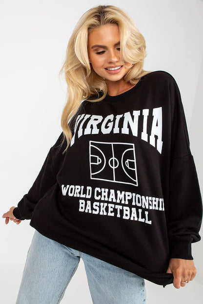 Chic women's black cotton sweatshirt with Virginia basketball decorative print, showcased in long sleeves and a stylish oversized silhouette, ideal for sophisticated leisure wear.