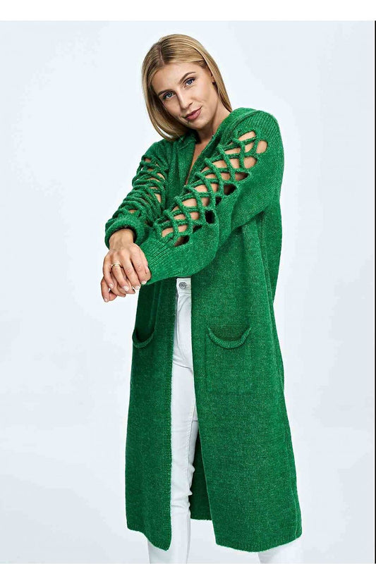 Chic view of a long hooded cardigan with intricate openwork sleeves, styled by Figl, worn by a model in a vivid green shade.
