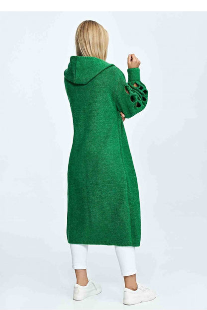 Back view of a luxurious green long hooded cardigan by Figl, highlighting its stylish design and openwork sleeves, worn by a fashionable model.