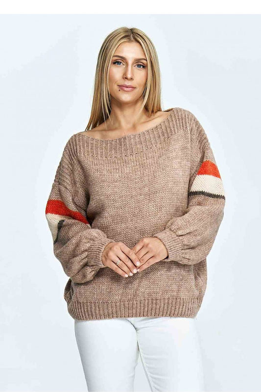 Luxurious Figl loose sweater featuring a stylish boat neckline and vibrant striped sleeves, modelled elegantly. This chic knitwear is perfect for adding a trendy touch to any wardrobe.