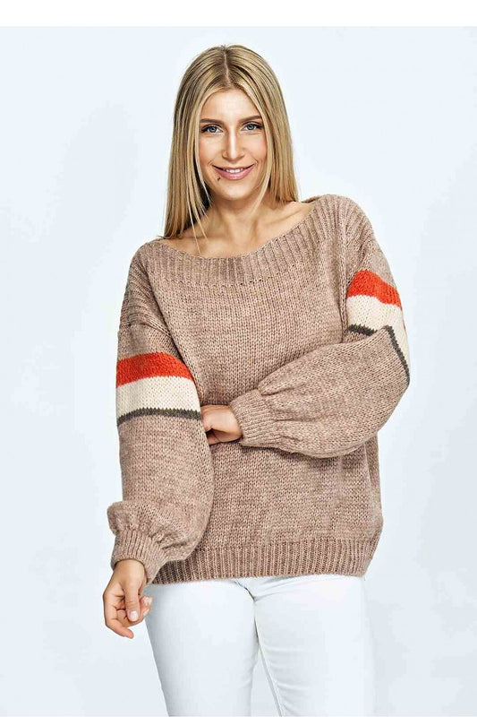 Elegant Figl oversized sweater with a boat neckline, showcasing colourful striped accents on the sleeves, modelled by a person smiling. The soft texture and relaxed fit make it a sophisticated choice for casual occasions.