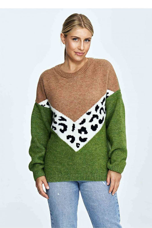 Elegant multicoloured mid-hip sweater featuring a chic half-round neckline and long sleeves, adorned with a striking leopard print design, styled effortlessly with denim jeans.