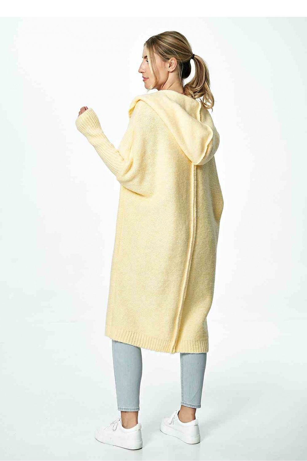 Back view of a luxurious yellow Figl cardigan showcasing its hood and exquisite knit design, paired with casual jeans.