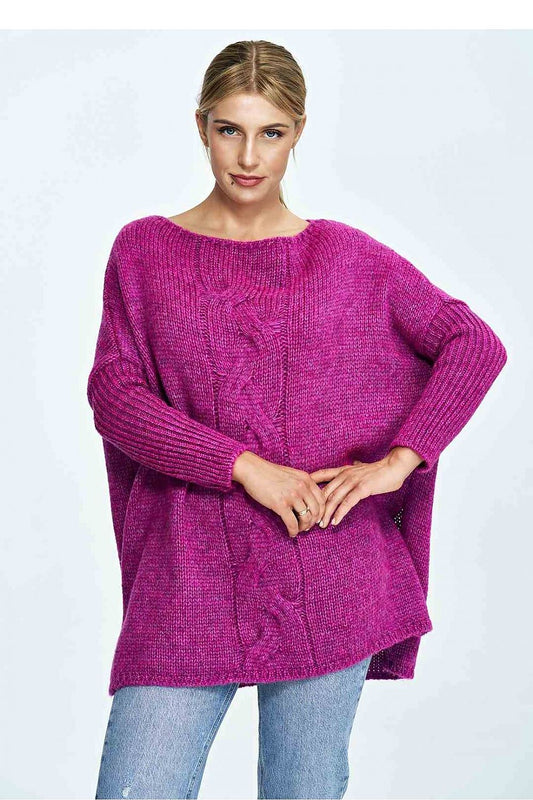 Luxurious loose-fitting pink sweater with boat neckline, ribbed sleeves, and decorative plaid design, styled for a chic look.