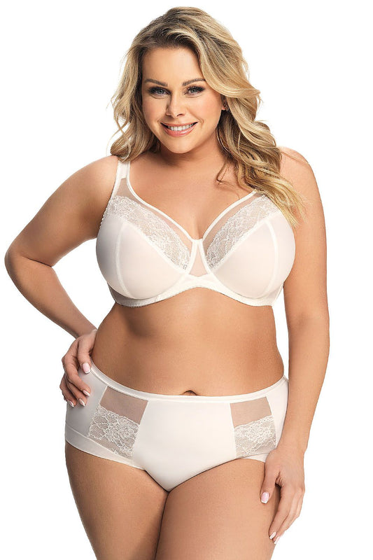 Gorsenia luxury microfiber panties with lace inserts, elegantly modeled by a smiling plus-size woman, showcasing soft fabric and intricate lace detailing for a sophisticated lingerie collection.