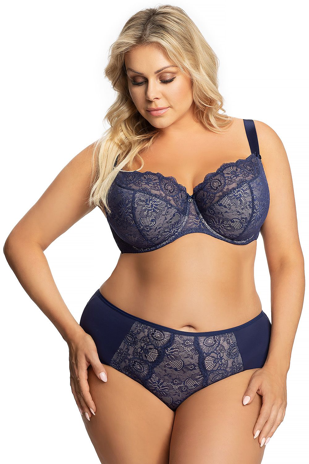 Stylish Gorsenia lace padded bra and matching briefs, modelled by a blonde woman, highlighting the luxurious fabric and elegant design.