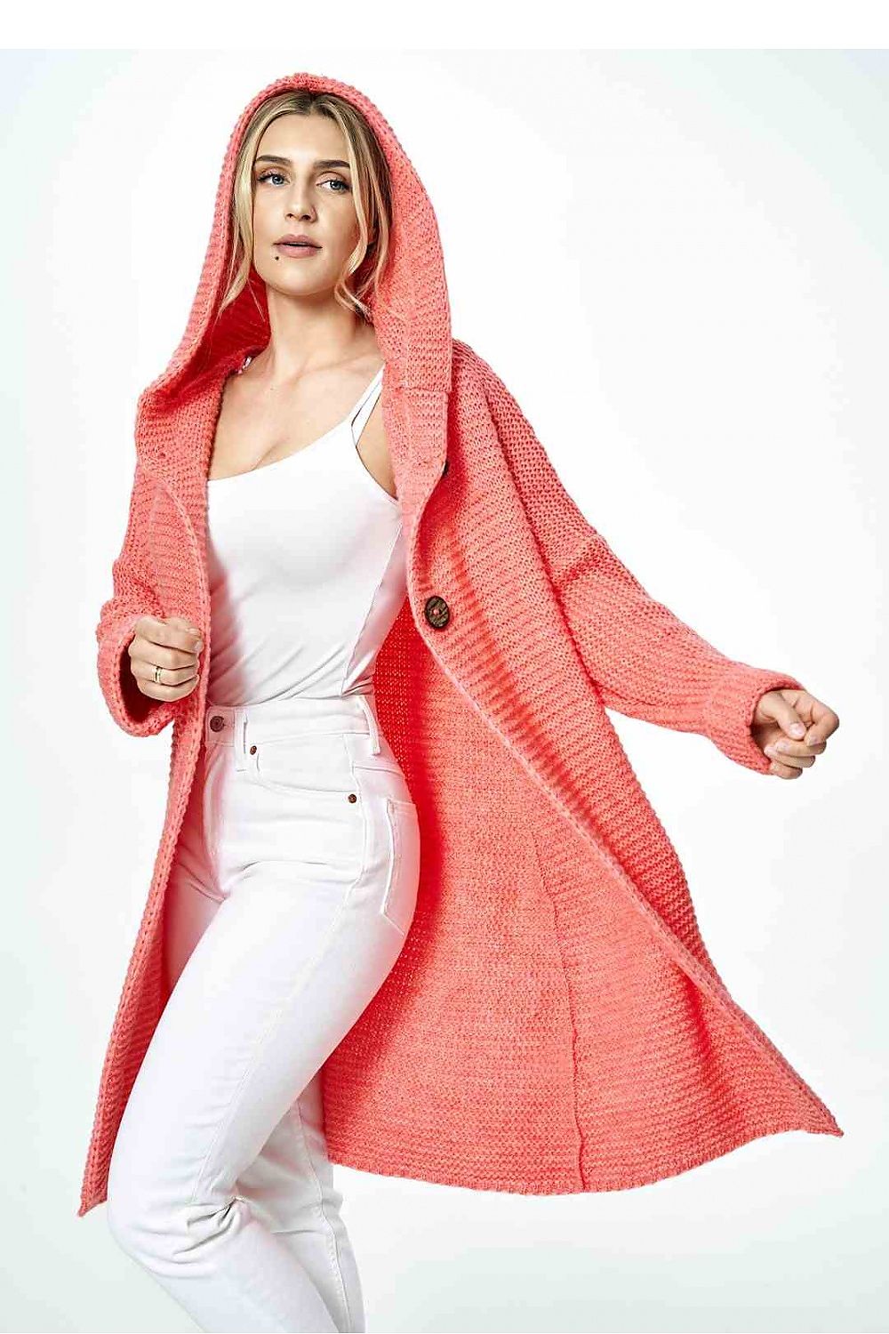 Elegant knee-length hooded cardigan in vibrant coral, featuring decorative buttons, styled with a chic white top and white trousers, showcasing modern fashion aesthetics.
