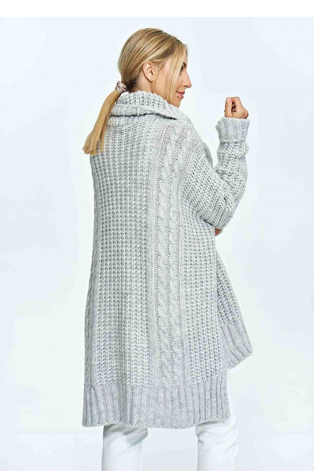 Back view of a high-quality grey oversized turtleneck sweater with intricate texture, showcasing an elegant draped silhouette.