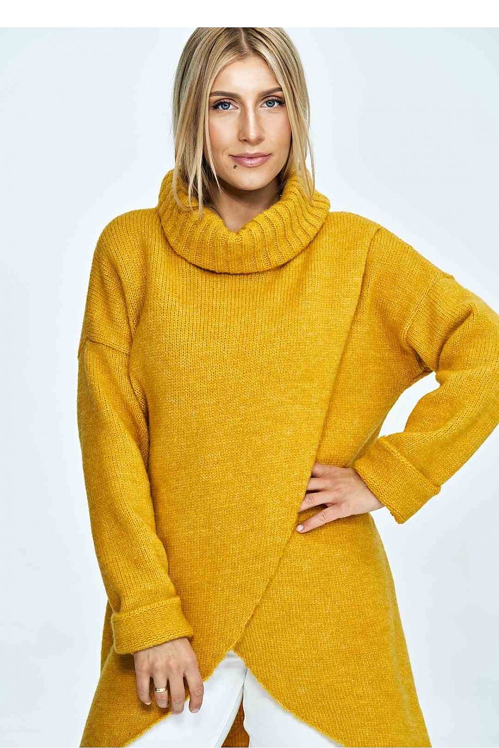 Luxurious Figl turtleneck jumper in vibrant mustard yellow, featuring a cozy ribbed collar and an elegant oversized style, perfect for stylish warmth during cooler seasons.