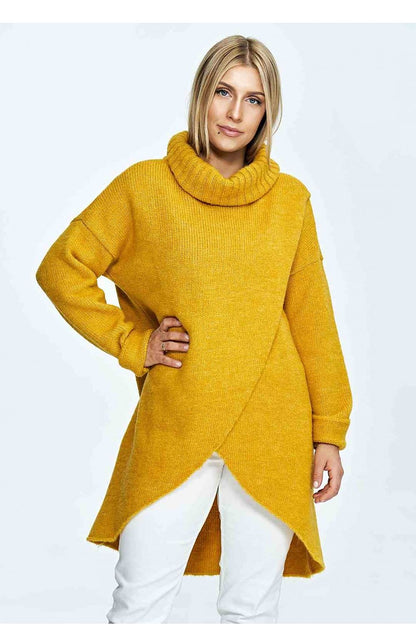 Stunning Figl turtleneck jumper showcased in a chic mustard hue, designed with a relaxed fit and stylish crossover design, ideal for adding a touch of luxury to any outfit.