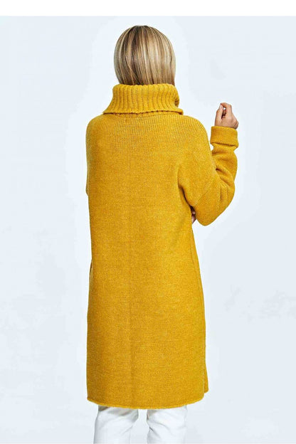 Back view of a luxury yellow turtleneck jumper made from a soft acrylic and wool blend, showcasing its stylish warmth and elegant presence.