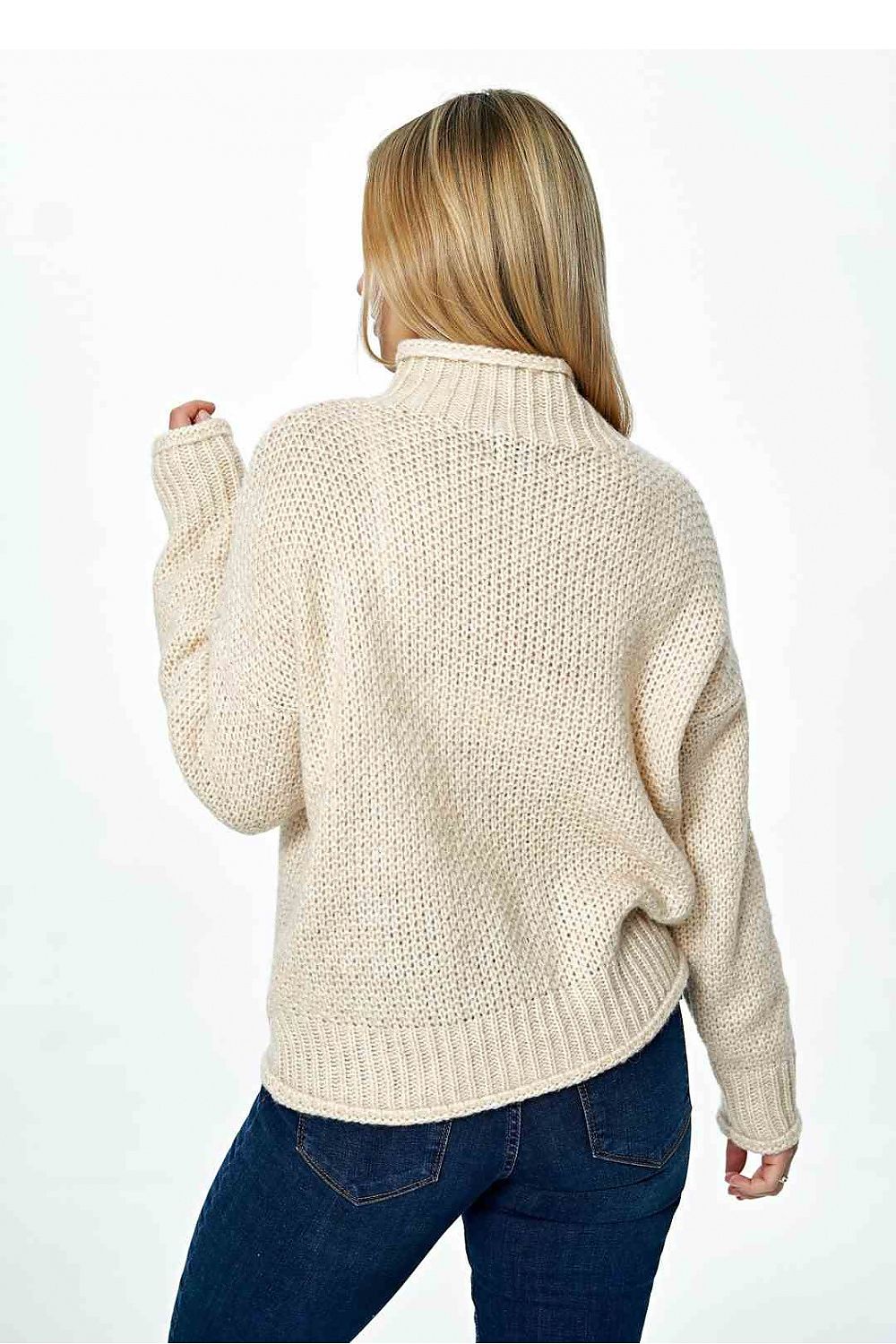 Elegant loose sweater with a half turtleneck design, showcasing a stylish back view. Crafted from a luxurious blend of 55% acrylic and 18% wool, perfect for sophisticated casual wear.