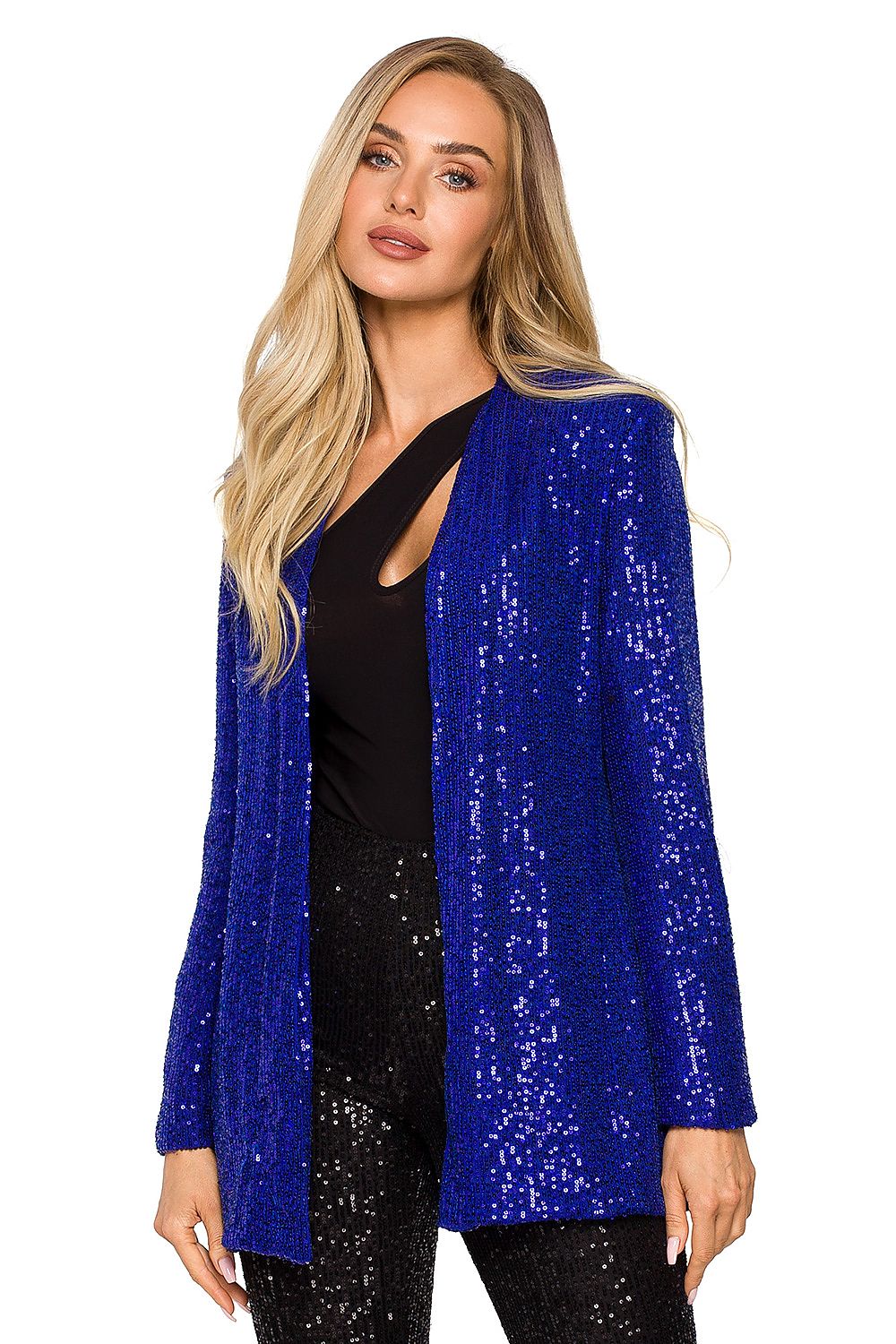 Luxurious blue sequin jacket worn by a model, showcasing a glamorous look ideally suited for evening parties and upscale events.