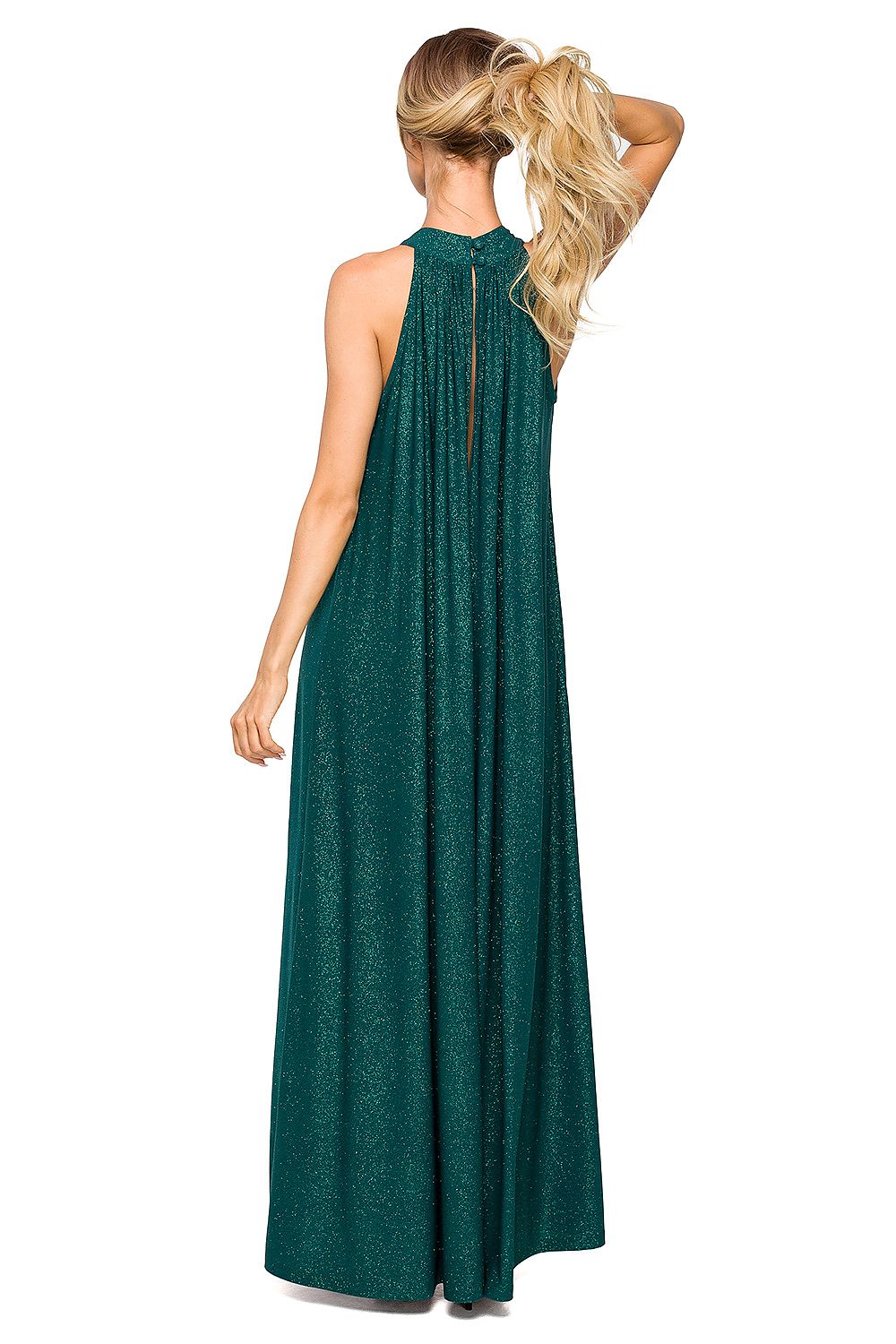Back view of a stunning teal maxi dress with halter neck and flowing silhouette, designed for elegance at parties or special events.