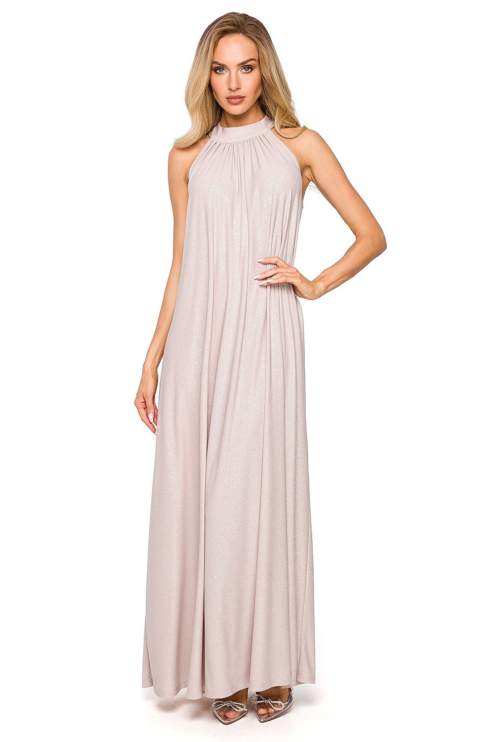 Stylish pale pink maxi dress showcasing a halter neck design and flowing fabric, a luxurious choice for any formal event.