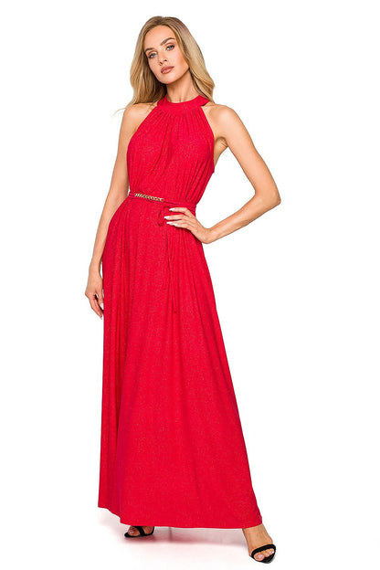 Stunning front view of a red evening maxi dress with a flattering halter neckline and stylish tie belt, perfect for formal occasions.