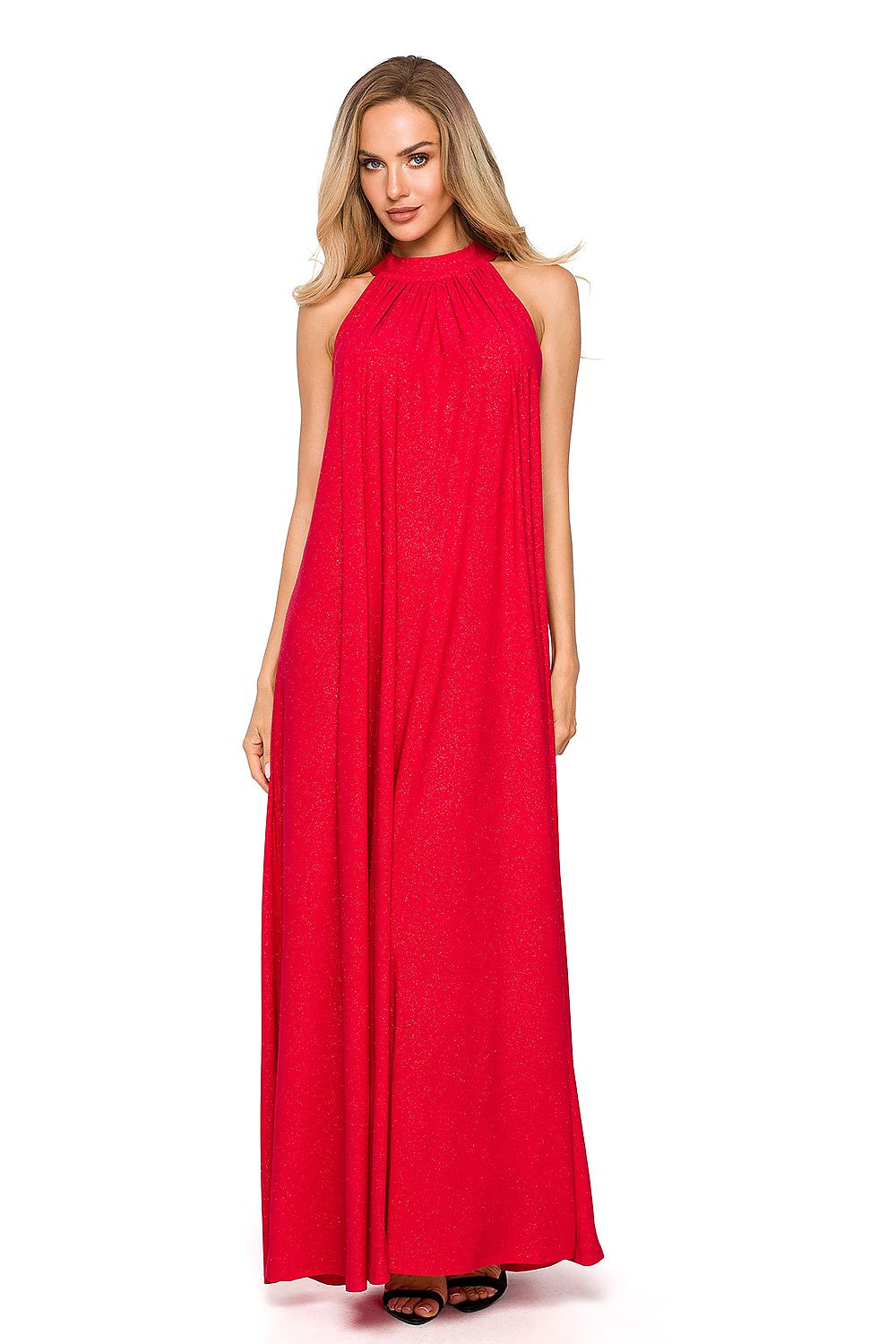 Graceful front view of the red maxi evening dress featuring a halter design, elegantly draping fabric, ideal for evening events.