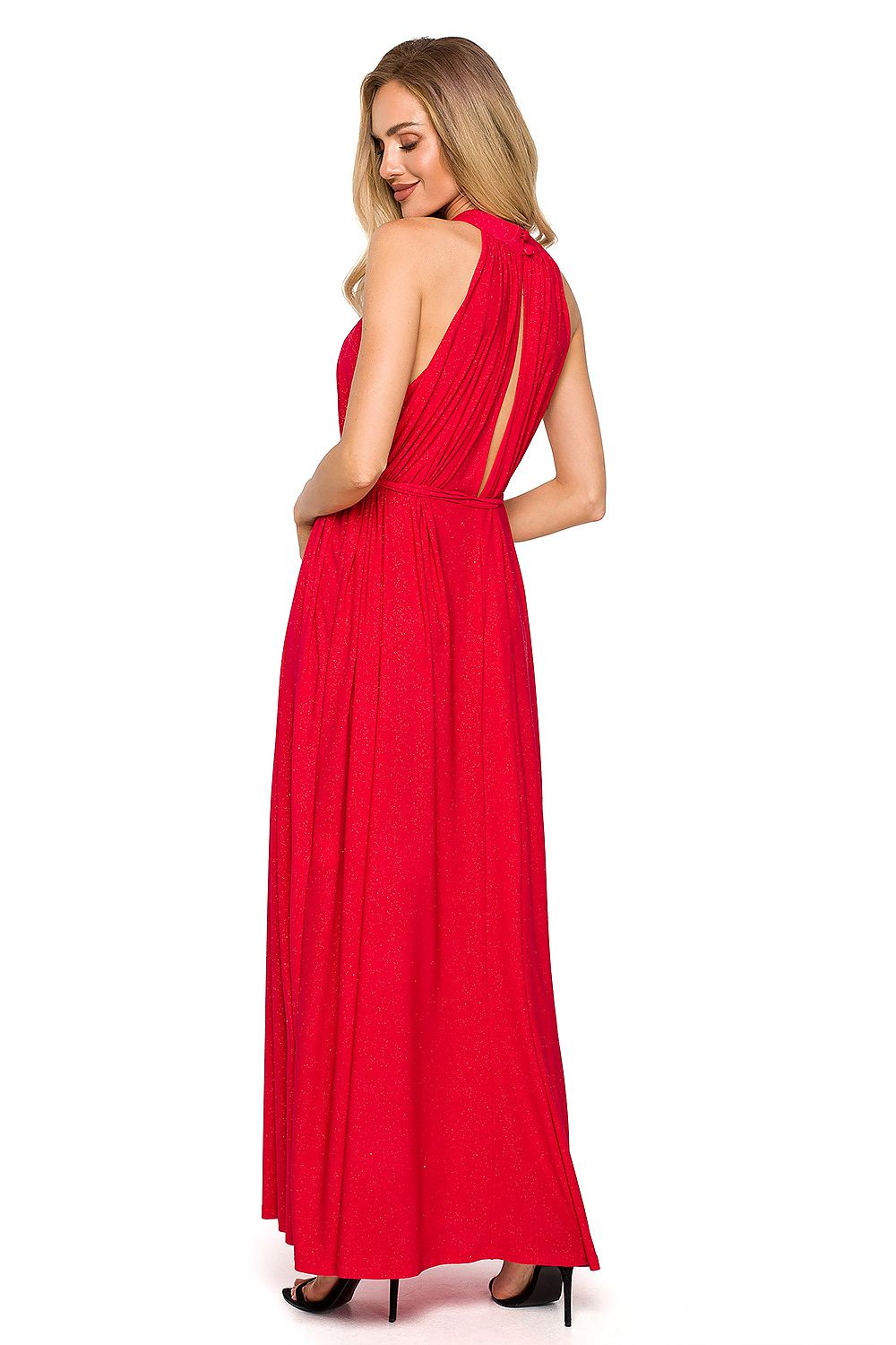 Sophisticated back view of a red halter neck maxi dress with beautiful pleating and a tied belt, highlighting its luxurious design.
