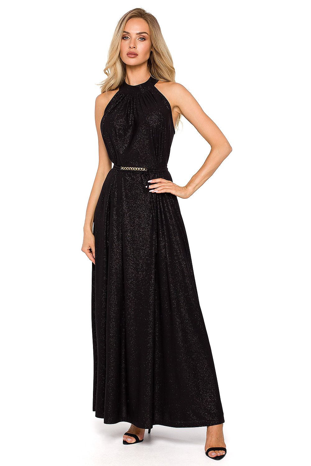Elegant front view of a black halter neck maxi evening dress with intricate detailing and a chic belt, perfect for special occasions.
