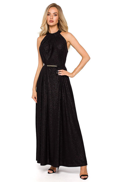 Elegant front view of a black halter neck maxi evening dress with intricate detailing and a chic belt, perfect for special occasions.