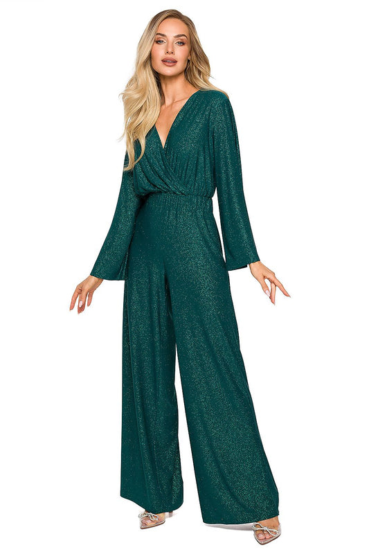 Luxurious emerald green brocade jumpsuit featuring wide legs and long sleeves, perfect for stylish formal occasions.