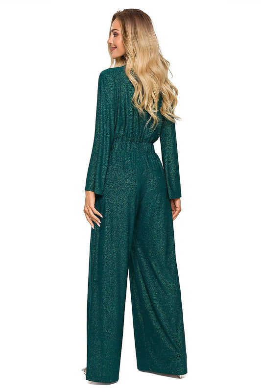 Elegant back view of the emerald green brocade jumpsuit showcasing its flattering fit and wide leg design.
