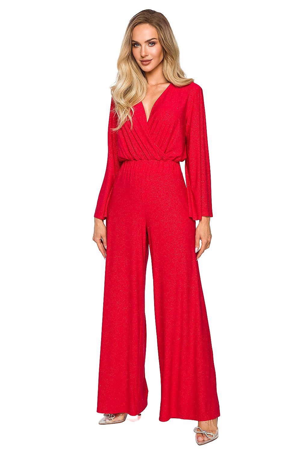 Stunning red brocade trim jumpsuit with wide sleeves and elegant draping, perfect for upscale occasions.