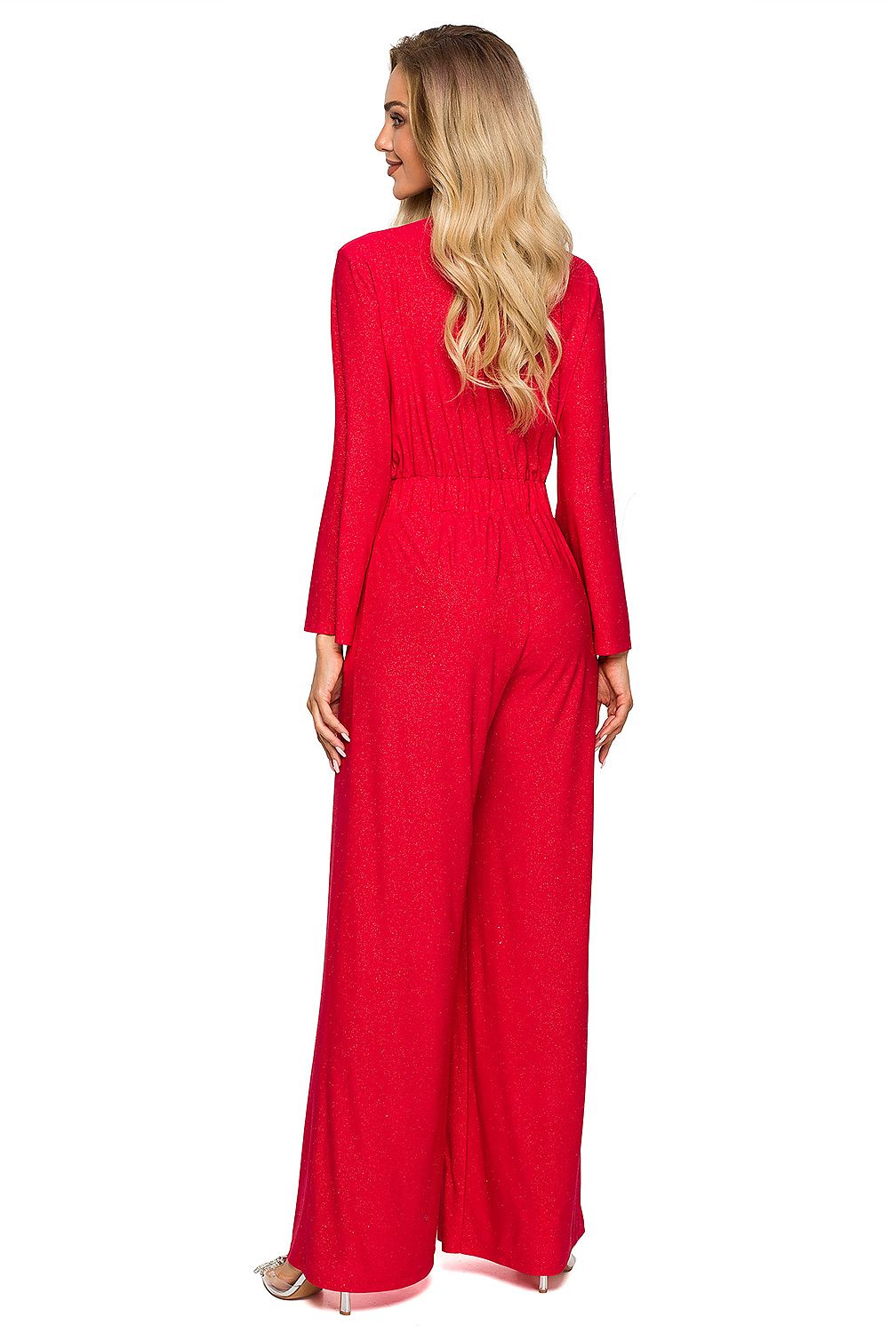 Chic back view of a red brocade trim jumpsuit designed with wide legs and sleeves for a sophisticated silhouette.