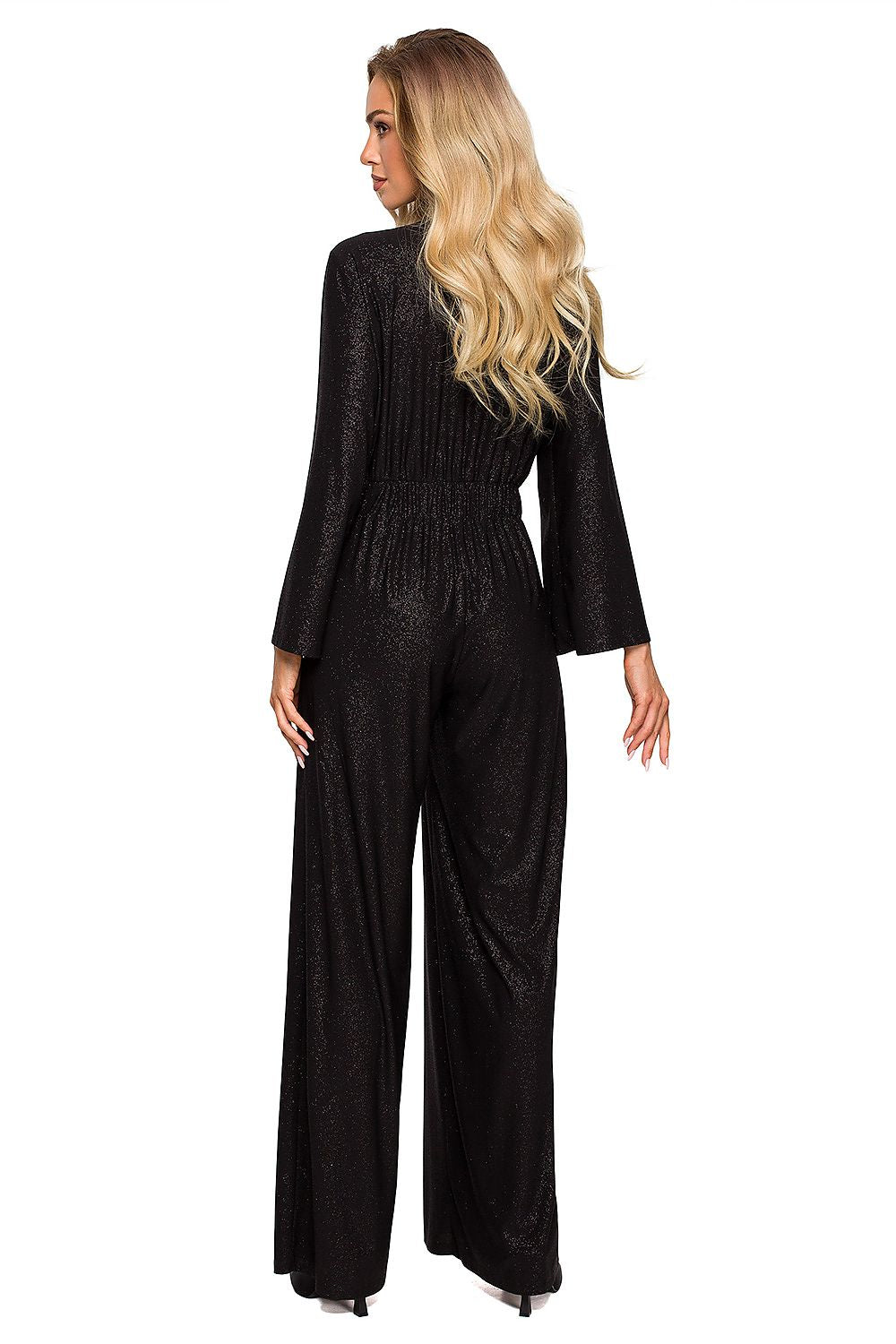 Back view of an exquisite black brocade trim jumpsuit featuring wide sleeves and a luxurious fit, ideal for formal events.