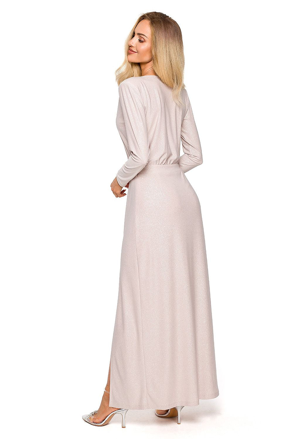 Elegant back view of a luxurious long evening dress by Moe in soft pink, designed with long sleeves and a chic leg slit.