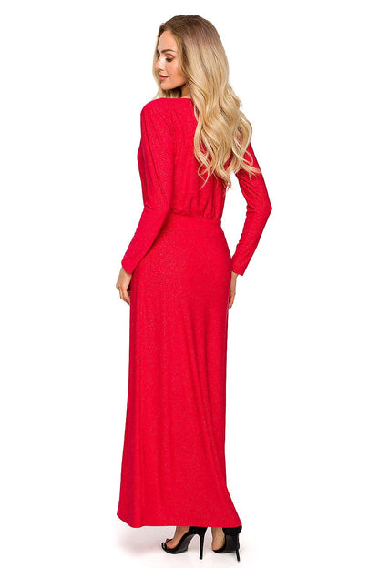 Back view of a luxurious long evening dress in vibrant red, featuring long sleeves and a stylish leg slit, perfect for elegant occasions.