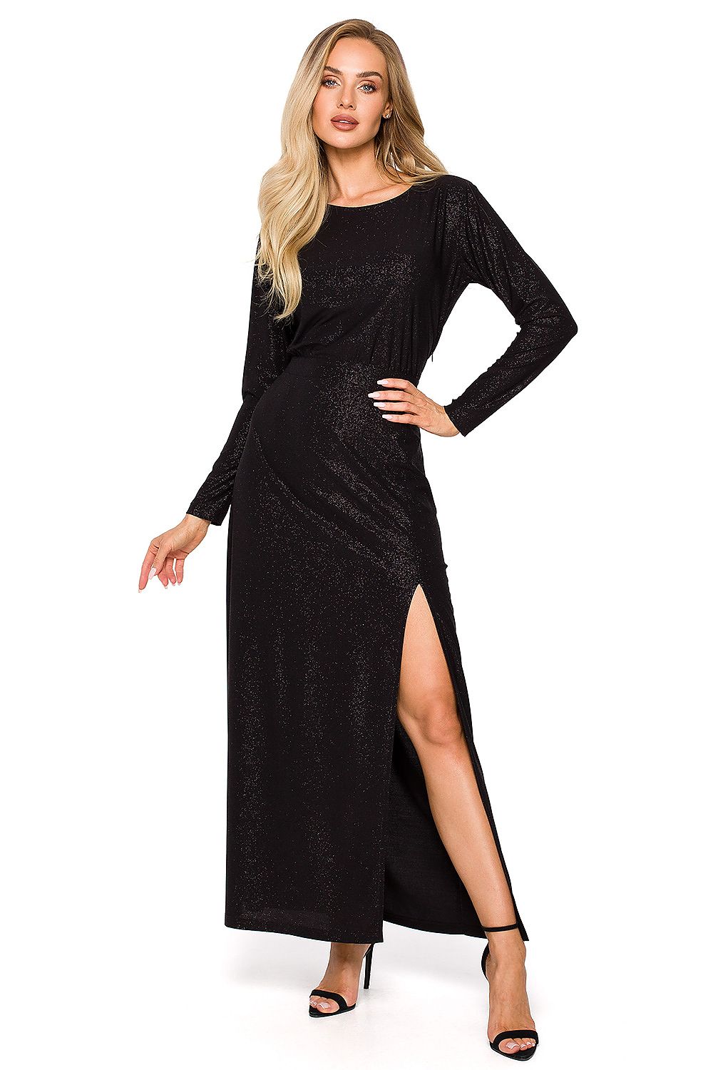 Front view of a stunning black evening dress with long sleeves and a chic thigh-high slit, designed in exquisite brocade fabric for sophistication.