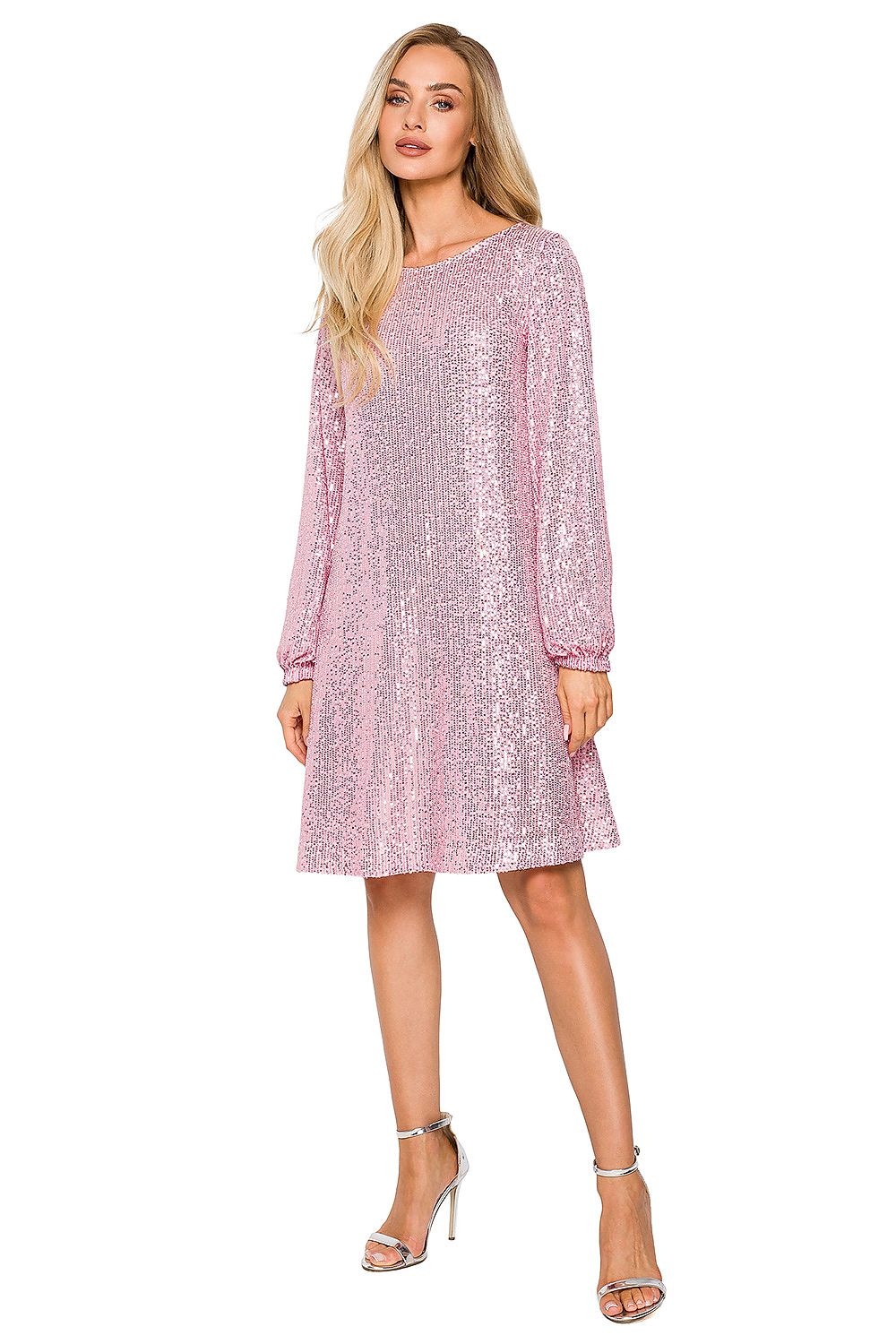 Chic pink sequined dress by Moe, showcasing a relaxed silhouette with a striking shimmer, ideal for glamorous occasions.