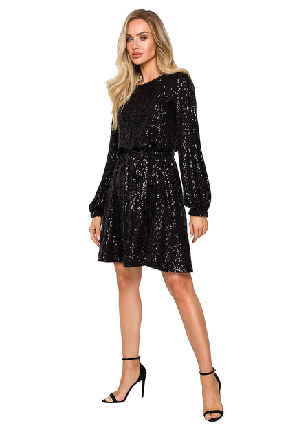 Sophisticated black sequined dress by Moe, featuring dramatic balloon sleeves and a refined silhouette, perfect for evening elegance.
